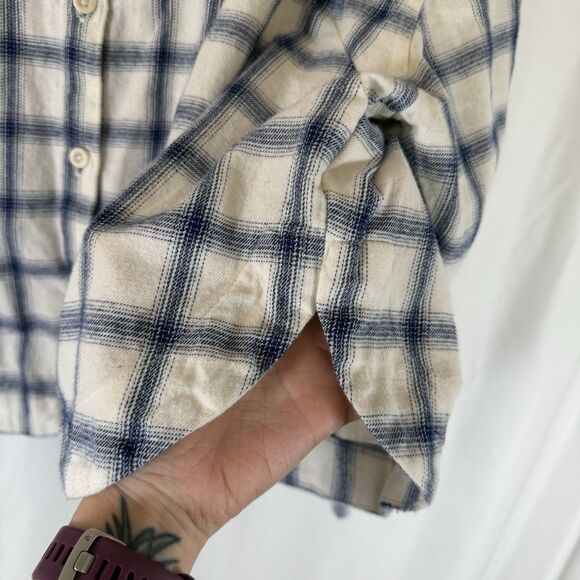 Madewell Flannel Shirt Women's 1X White Blue Plaid Button Up Long Sleeve Cropped - Picture 6 of 10